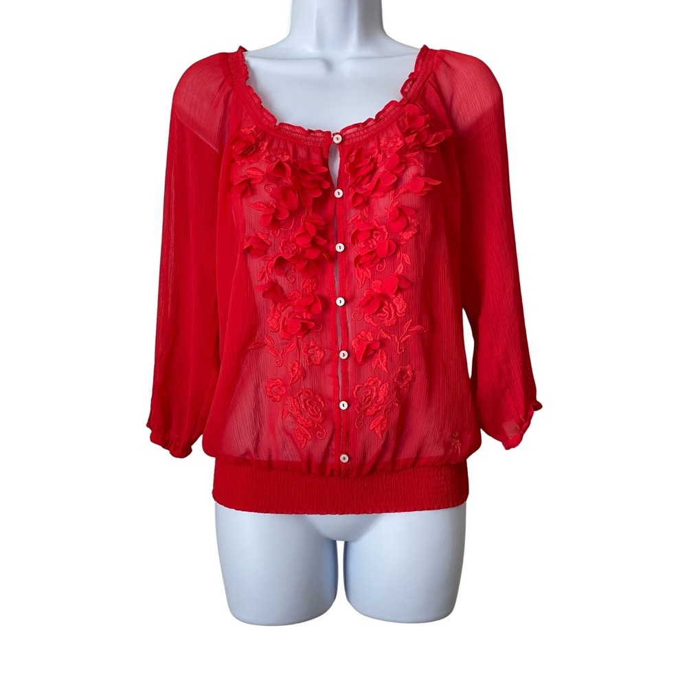 Vintage Y2K Abercrombie & Fitch 3D Floral Sheer Top Smocked‎ Hem Medium Red